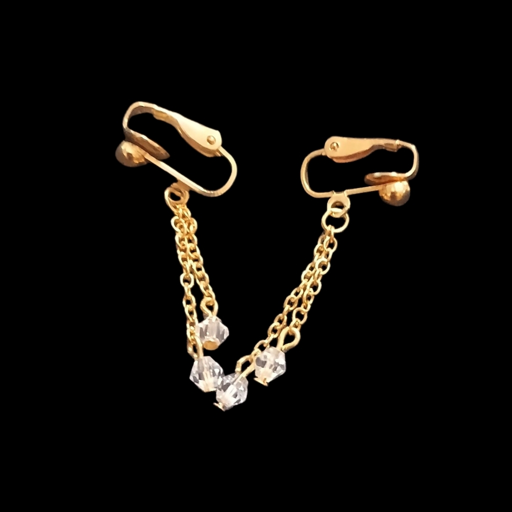 Elegant Gold Chain Earrings with Crystal Accents Clip On Vintage